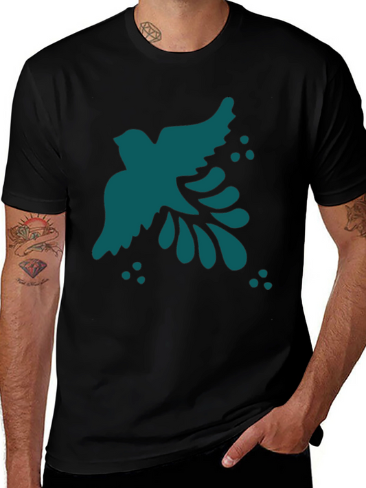 Abstract Teal Bird Graphic Black T-Shirt