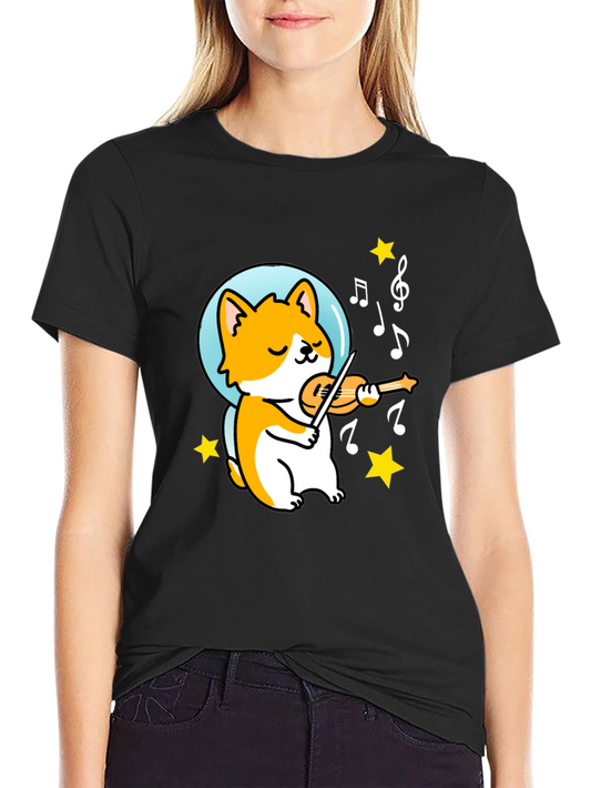 Musical Corgi Graphic Tee - Black Cotton T-Shirt