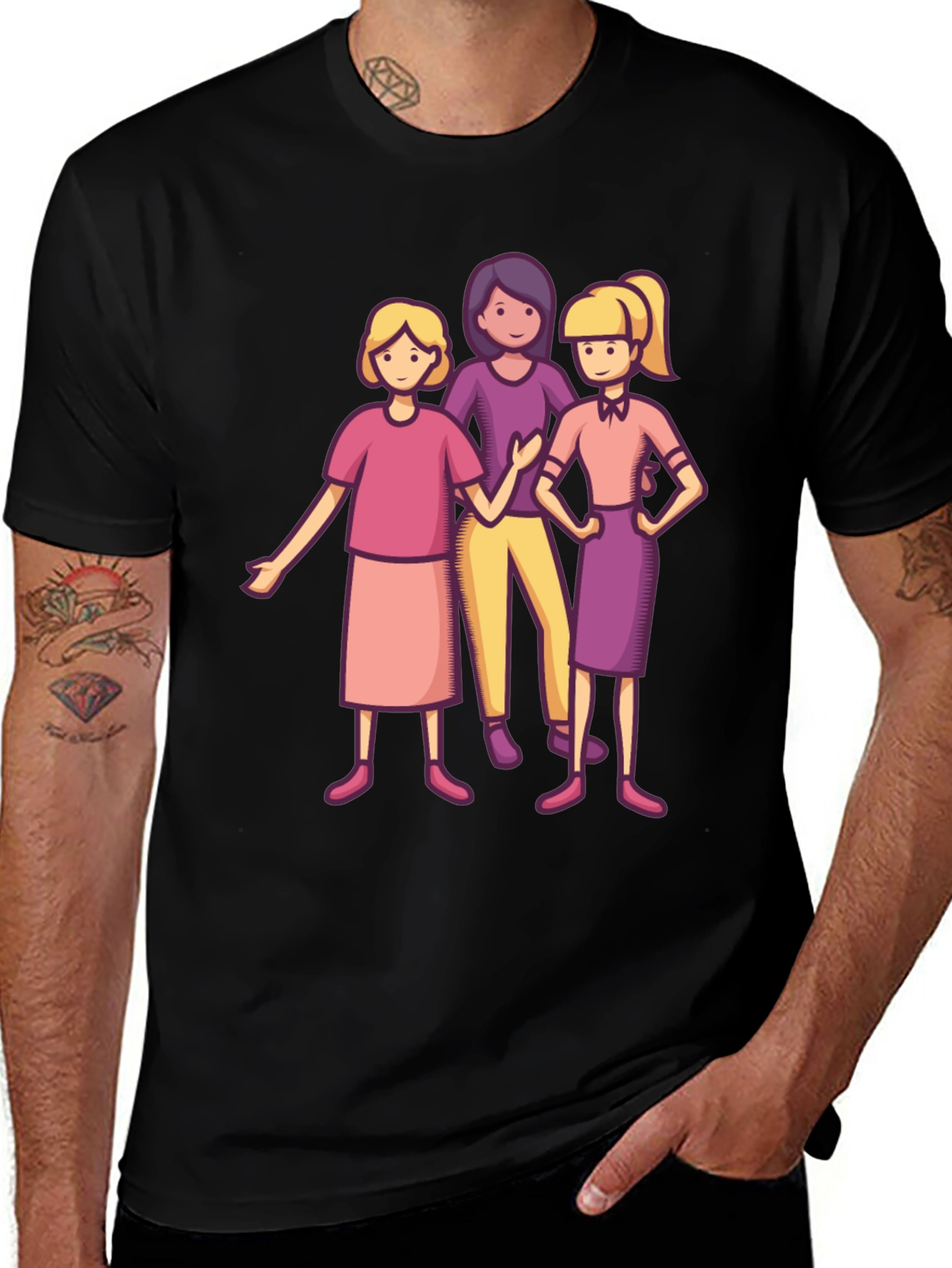 Three Cartoon Women Black T-Shirt