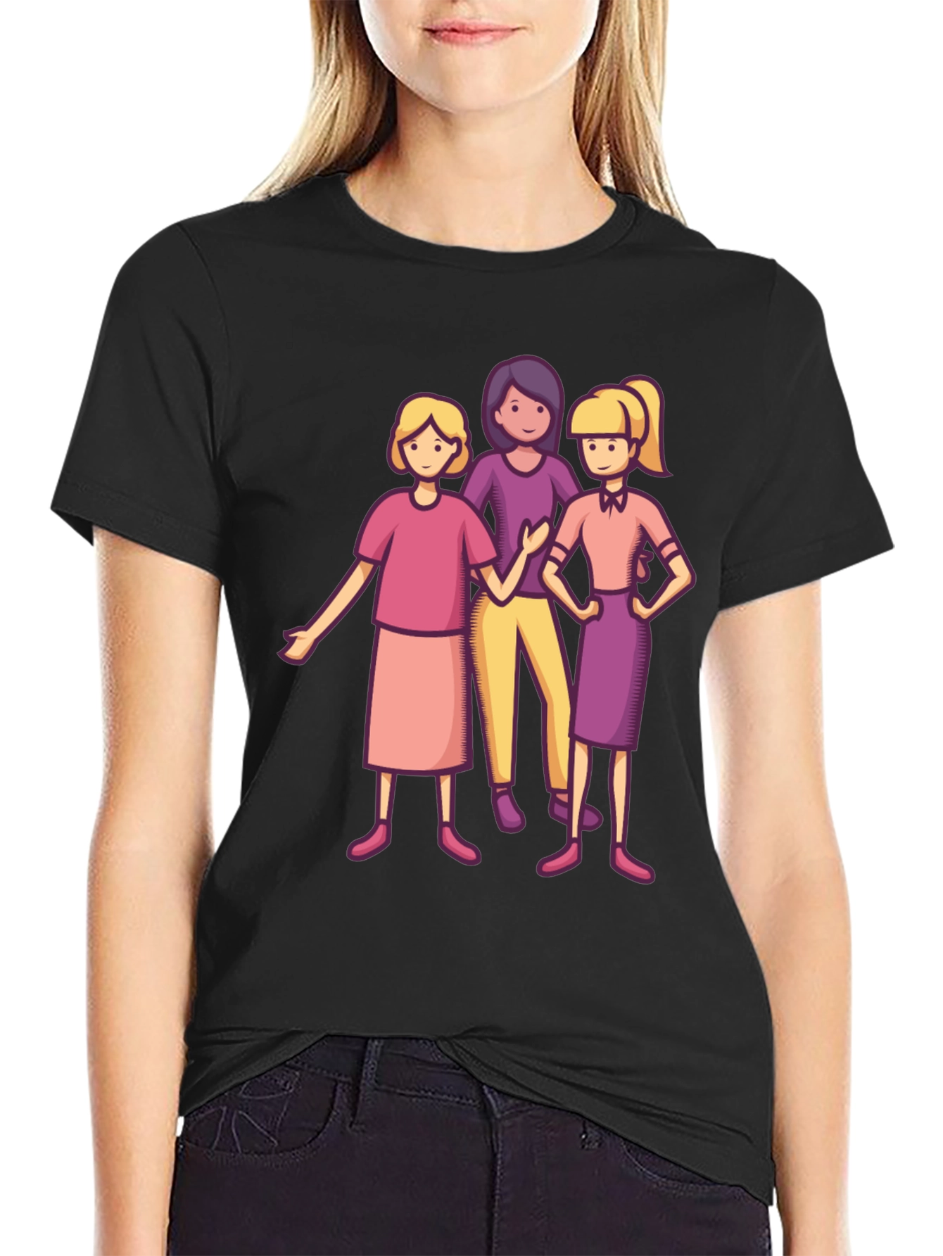 Three Cartoon Women Black T-Shirt