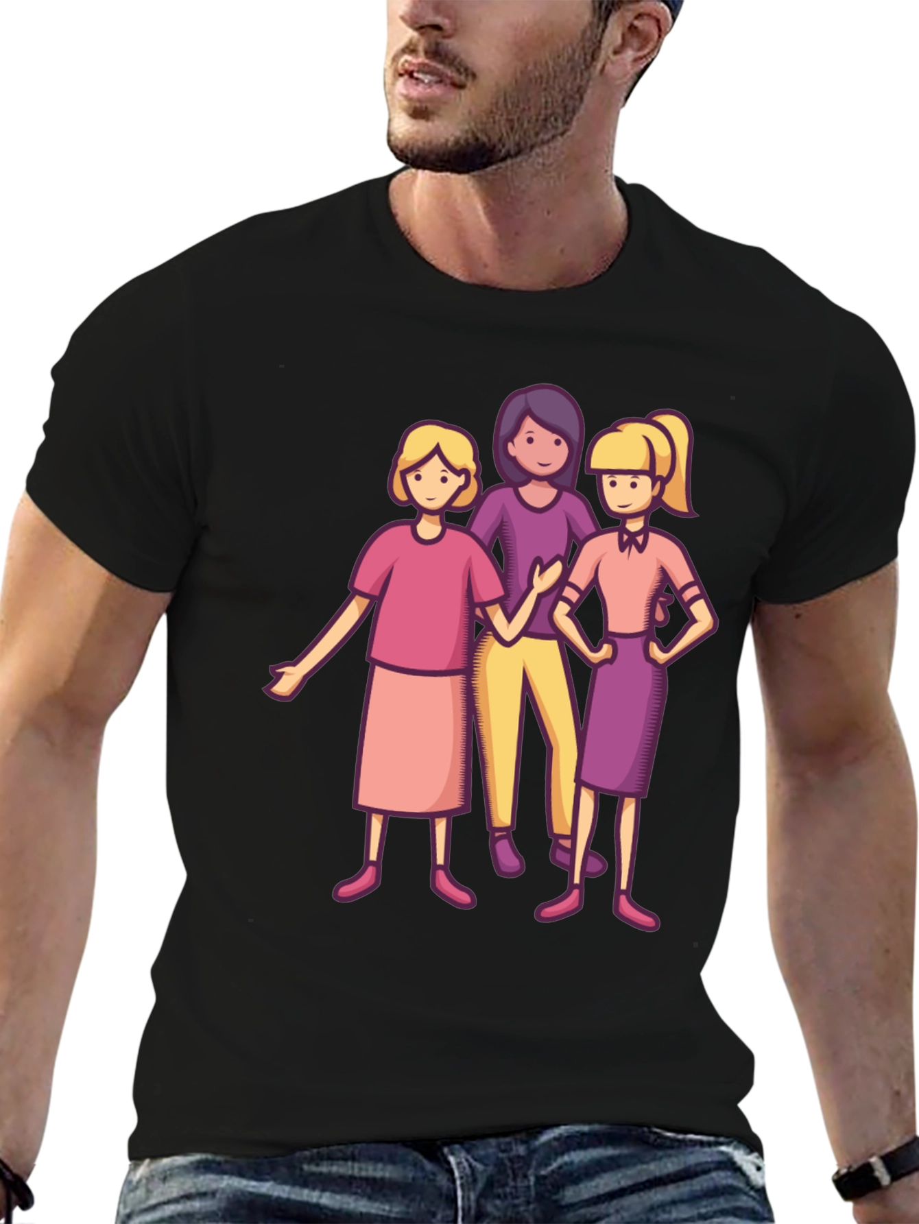 Three Cartoon Women Black T-Shirt