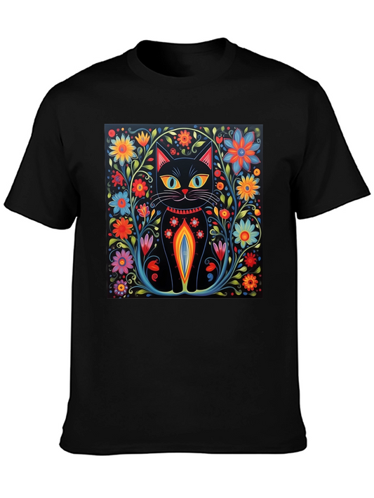 Floral Cat Graphic Tee - Stylish Black T-Shirt