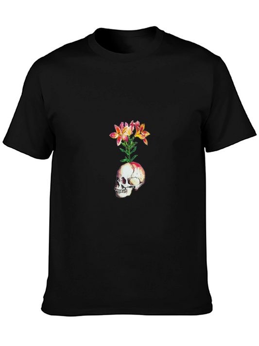 Skull & Flowers Graphic Tee - Black Casual T-Shirt