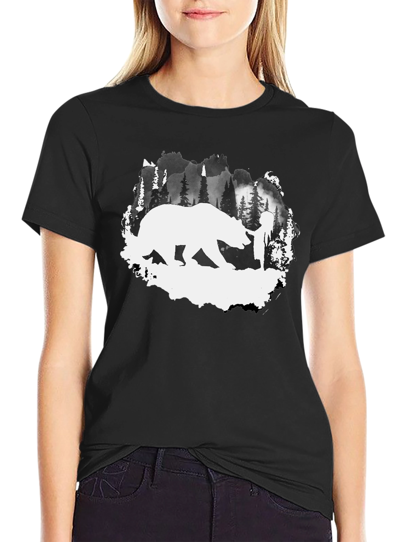 Bear & Hiker Silhouette T-Shirt - Nature Adventure Tee