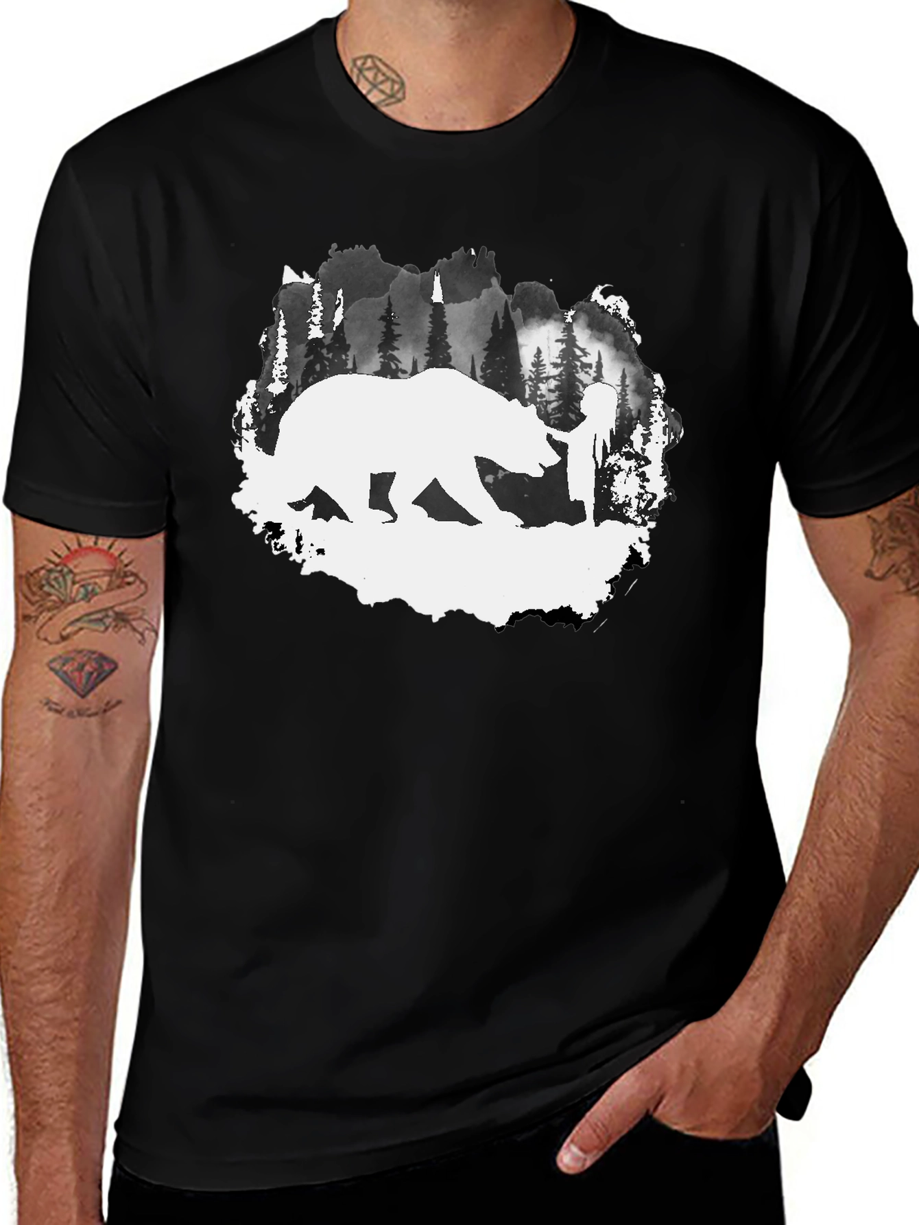 Bear & Hiker Silhouette T-Shirt - Nature Adventure Tee