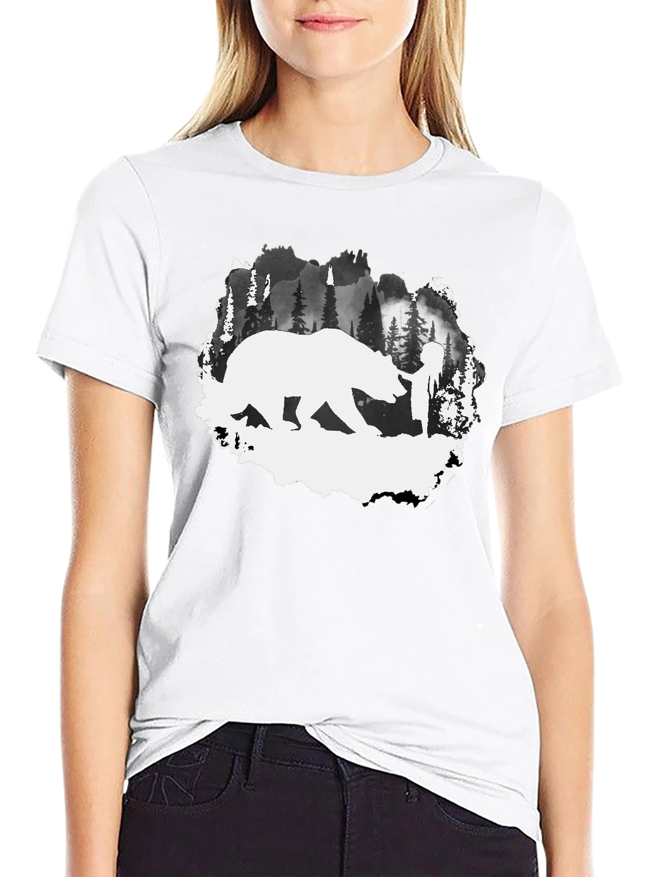 Bear & Hiker Silhouette T-Shirt - Nature Adventure Tee