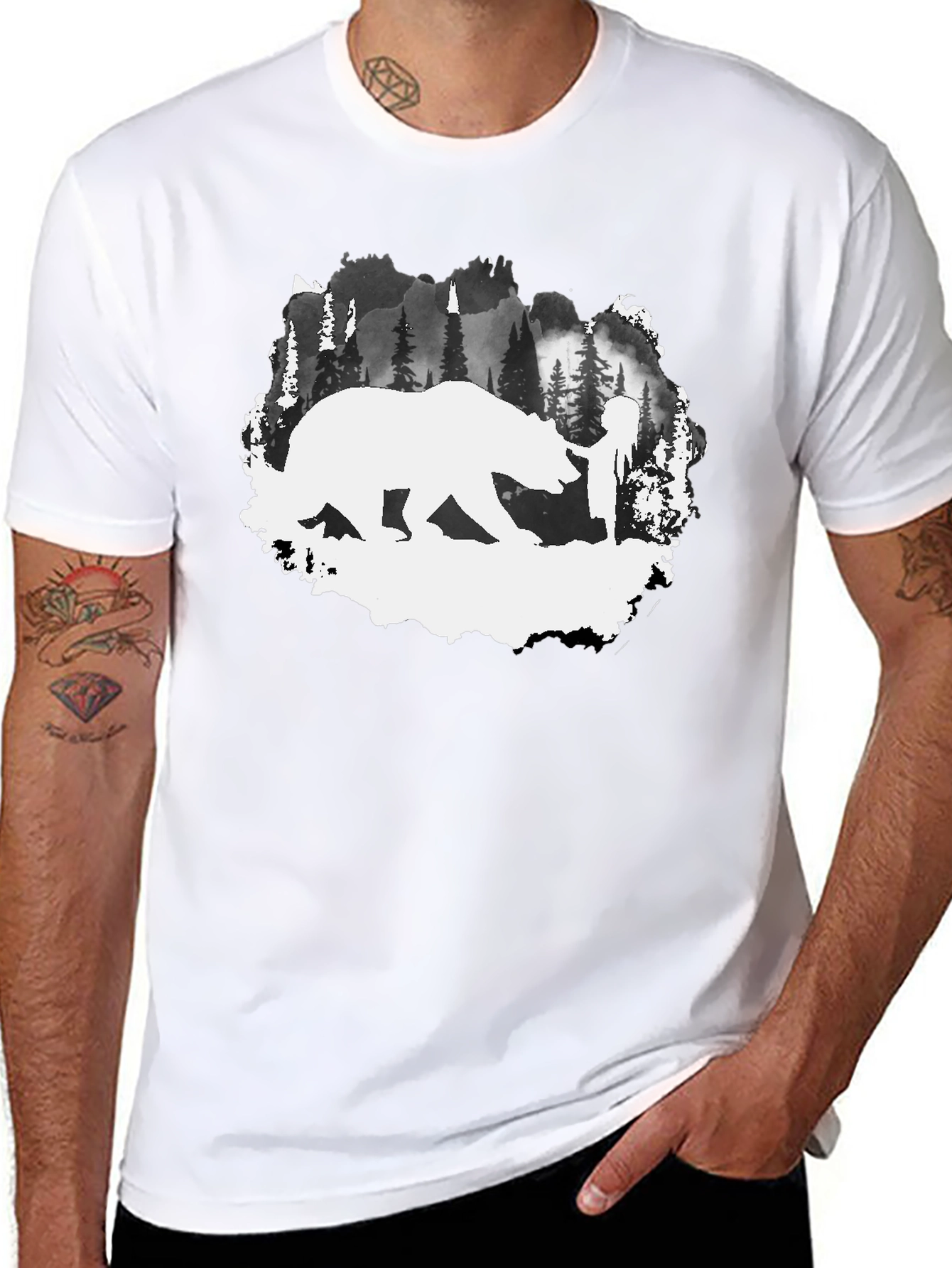 Bear & Hiker Silhouette T-Shirt - Nature Adventure Tee
