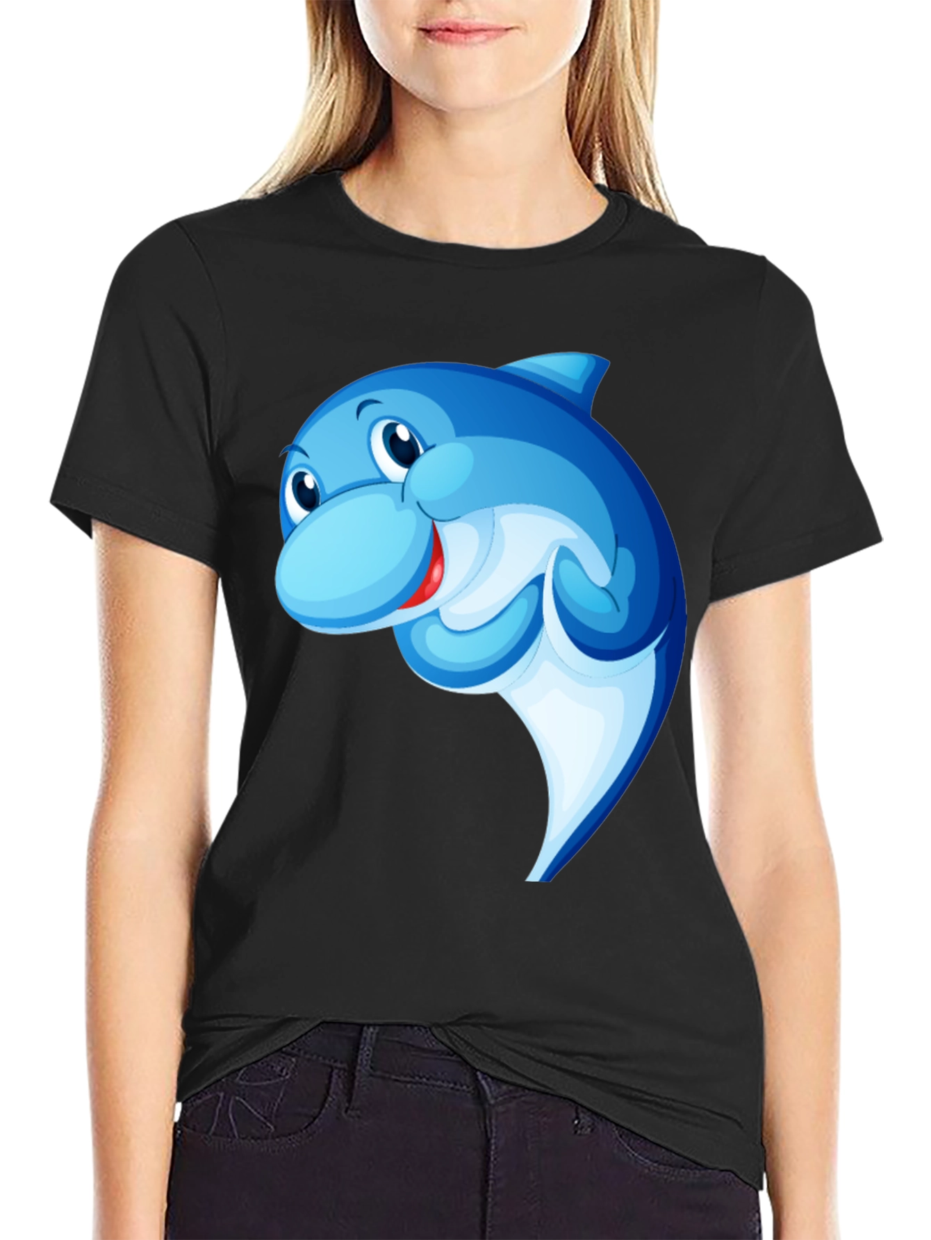 Cartoon Dolphin Black T-Shirt