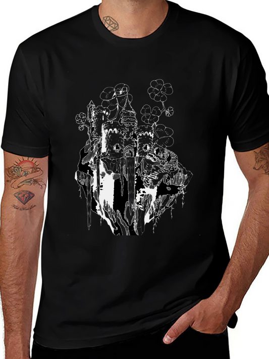 Fantasy Castle Graphic T-Shirt - Black Cotton Blend