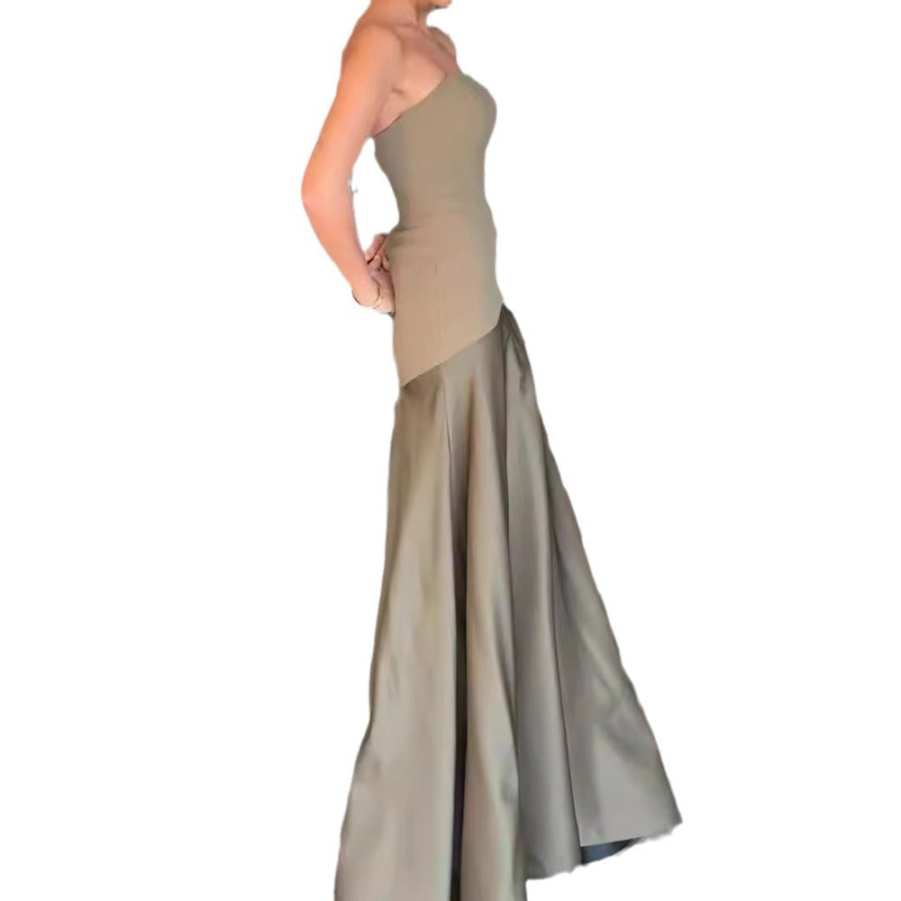 Strapless sleeveless suspender slim fit solid color dress