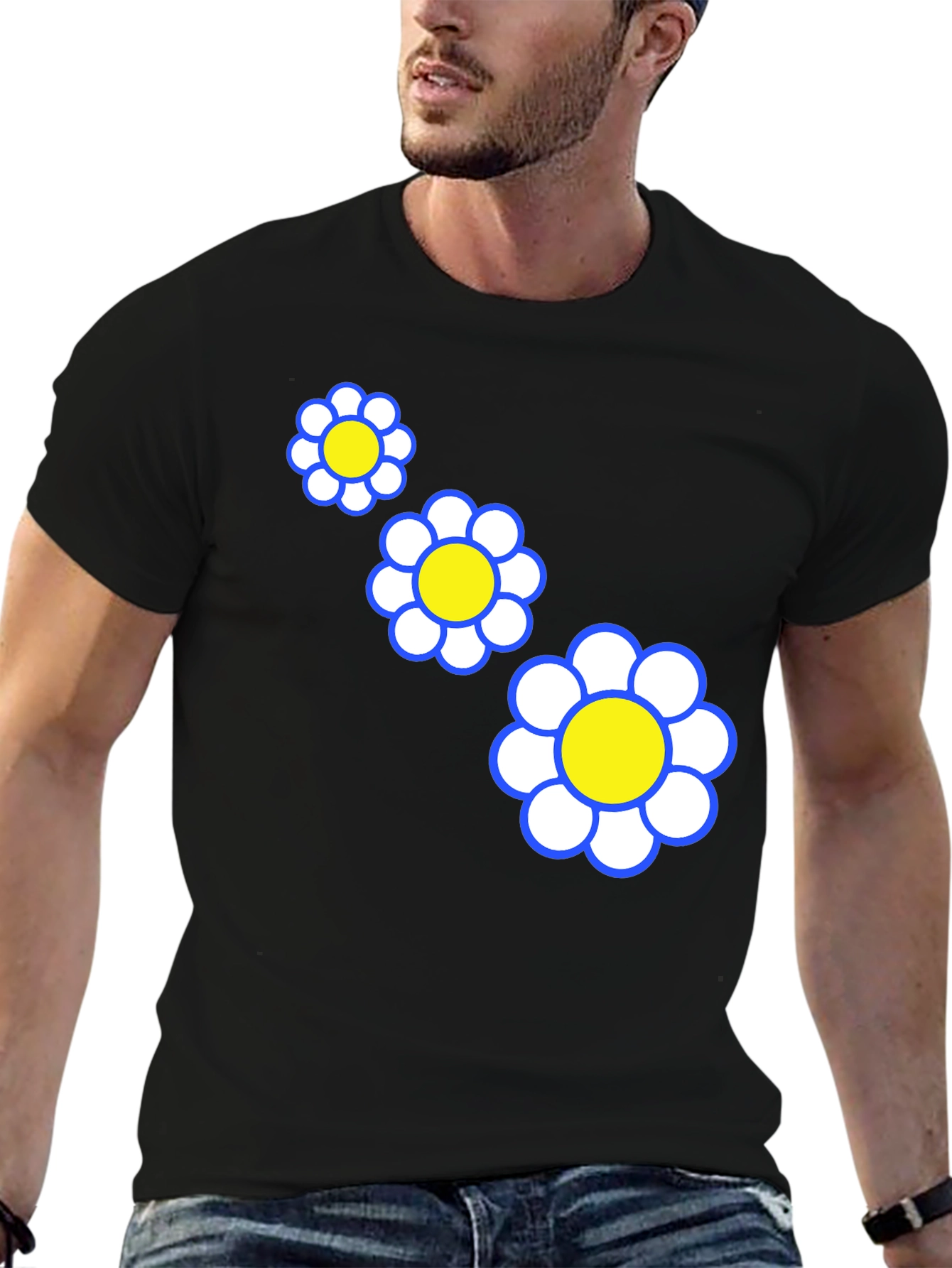 Funky Floral T-Shirt - Black with Daisy Graphic