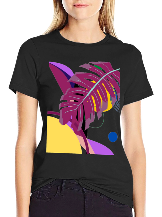 Abstract Tropical Leaf Graphic Tee - Black