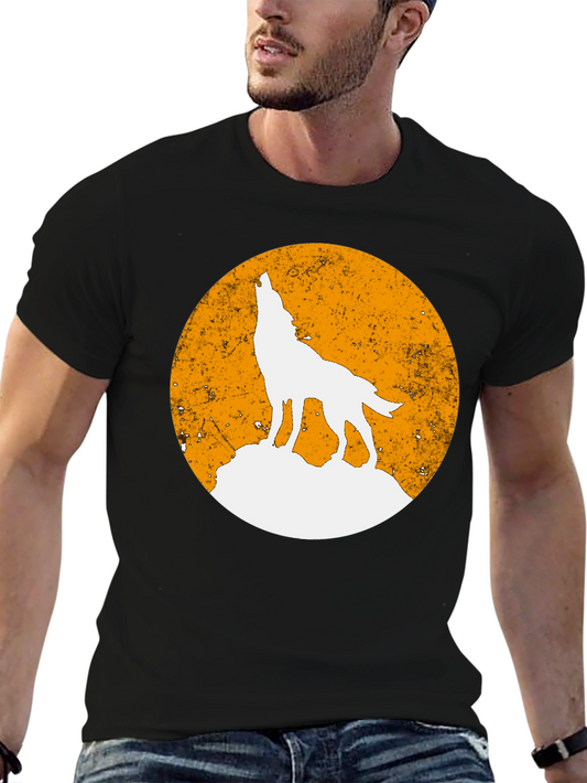 Wolf Howling Moon Graphic Tee - Black Cotton Casual T-Shirt