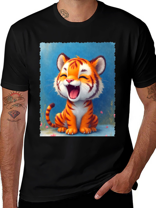 Cute Tiger Graphic Tee - Black Cotton Blend