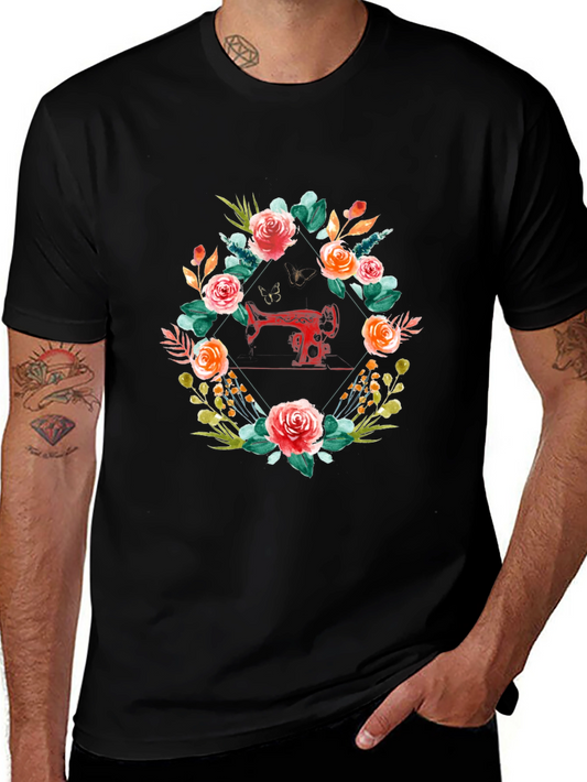 Floral Sewing Machine Graphic Tee - Black