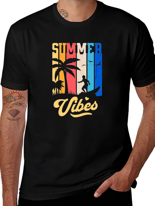 Summer Vibes Graphic T-Shirt - Surfing Palm Trees