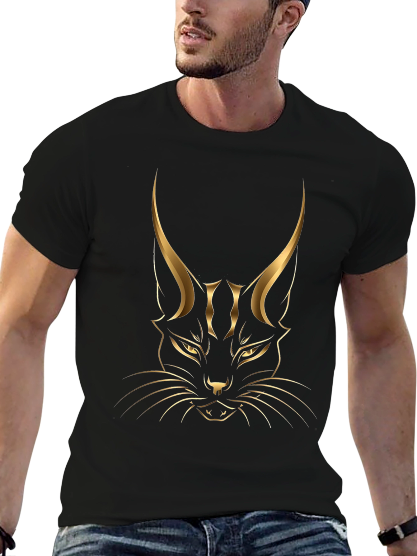 Black T-shirt with Golden Cat Graphic