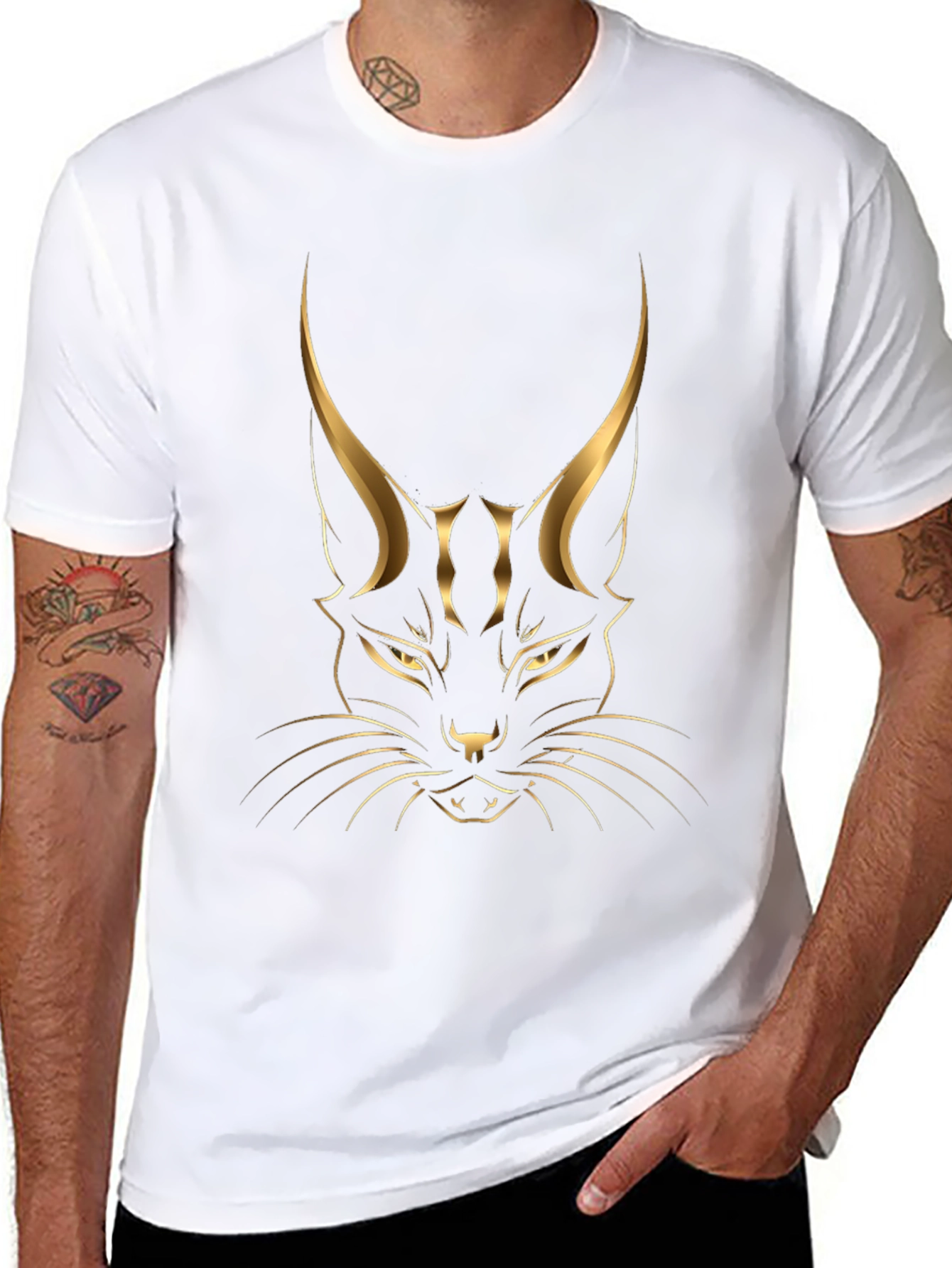 Black T-shirt with Golden Cat Graphic