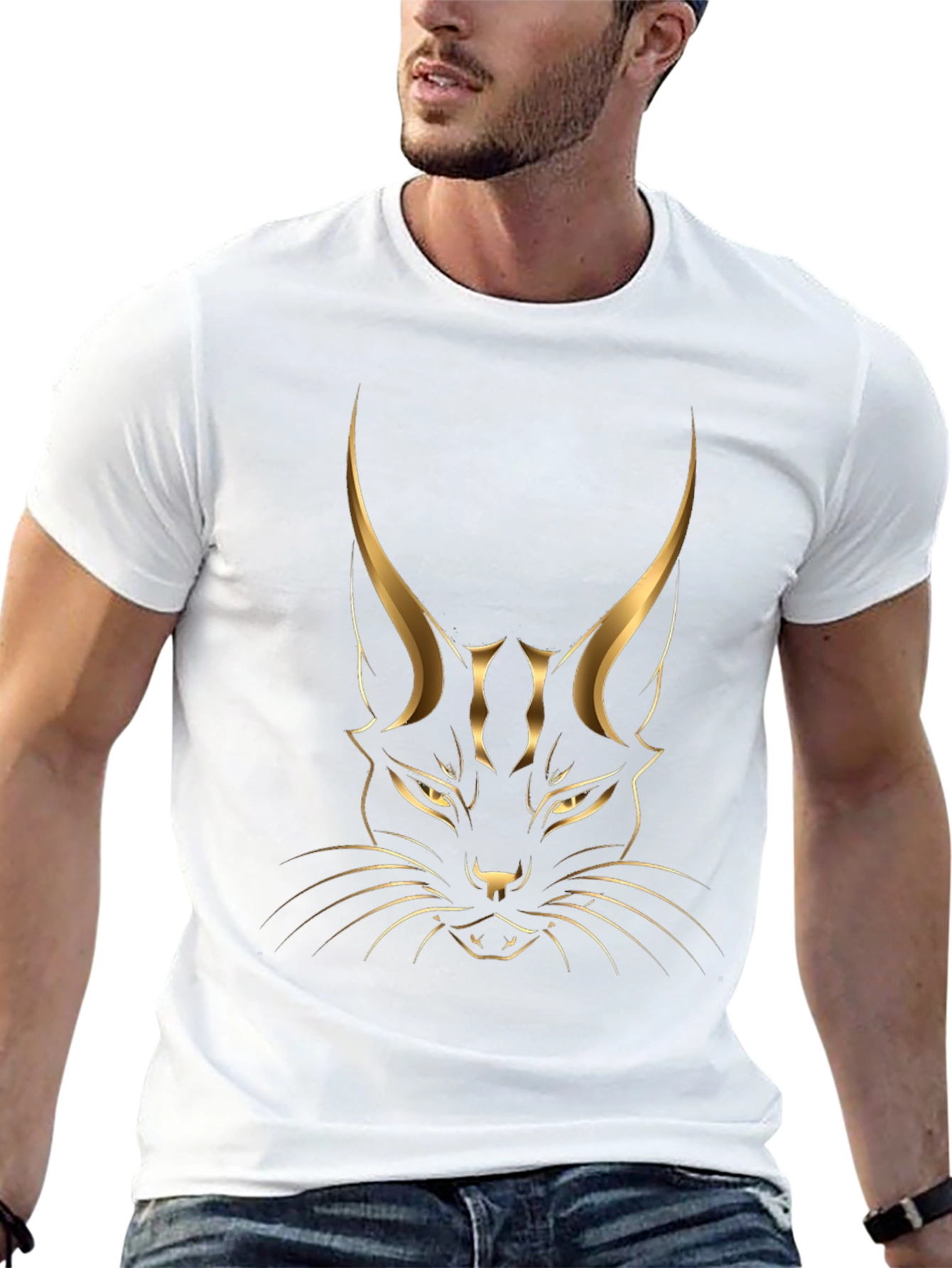 Black T-shirt with Golden Cat Graphic