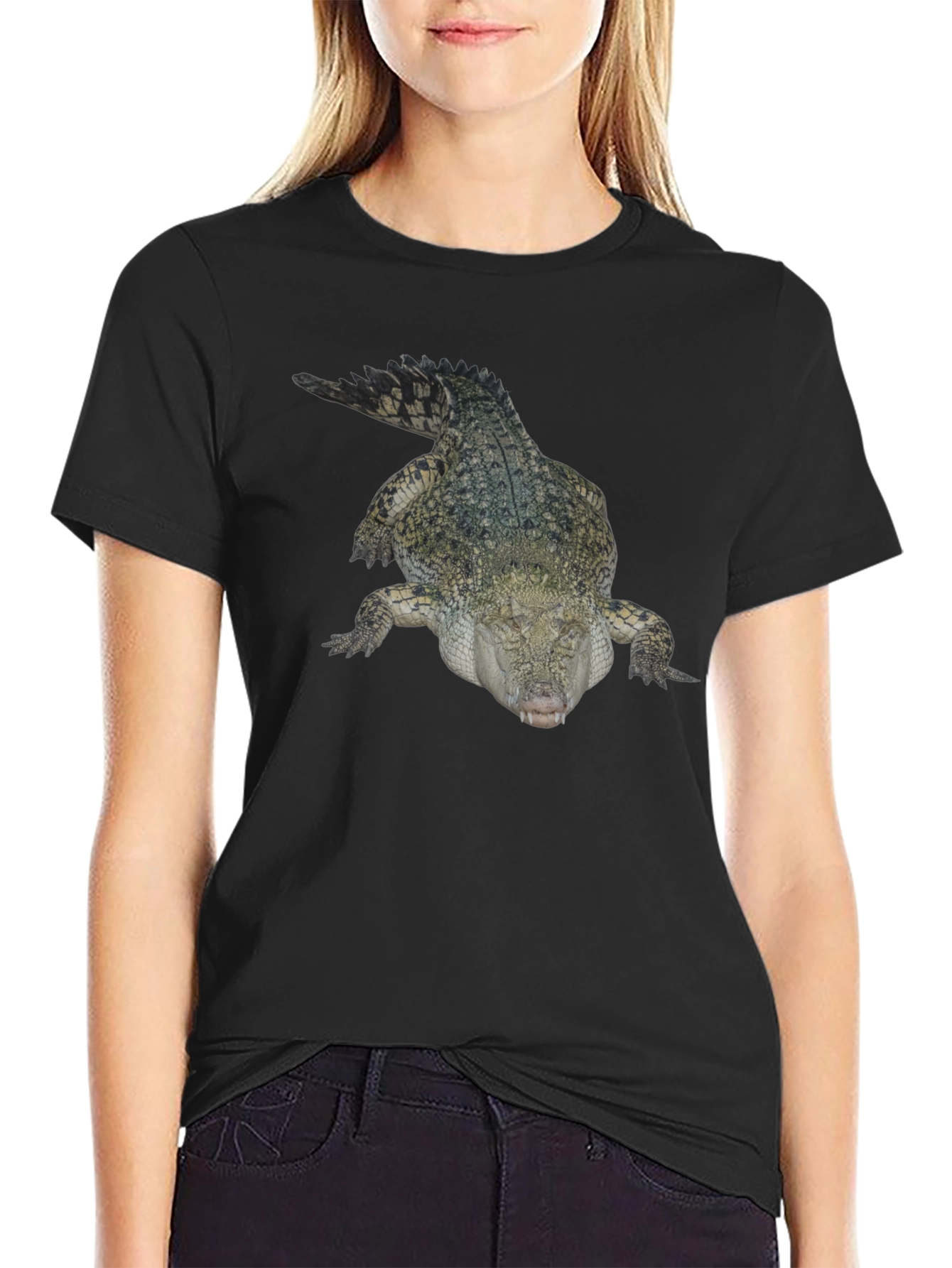 Crocodile Print T-Shirt - Black Cotton Tee