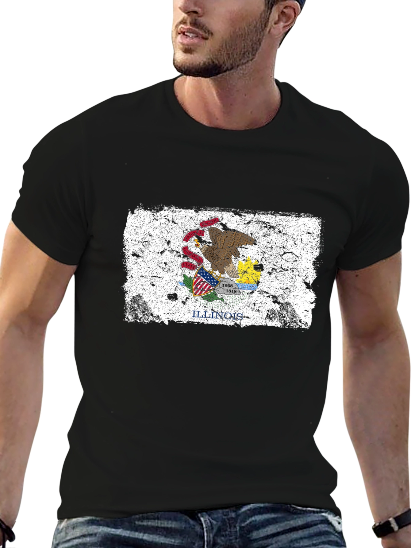 Illinois Flag Grunge Style Black T-Shirt