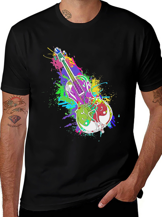 Colorful Violin Splatter Print T-Shirt - Unique Music Design