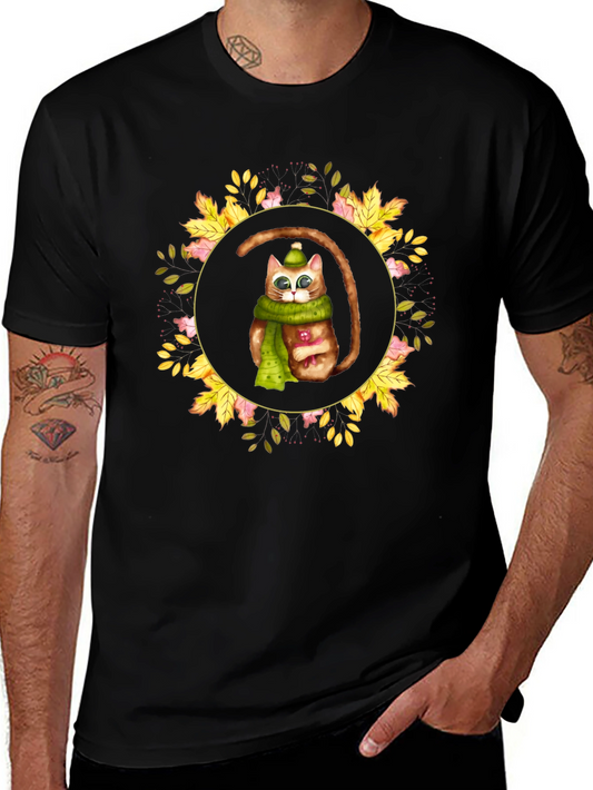 Cute Cat in Scarf Graphic Tee - Autumn Style