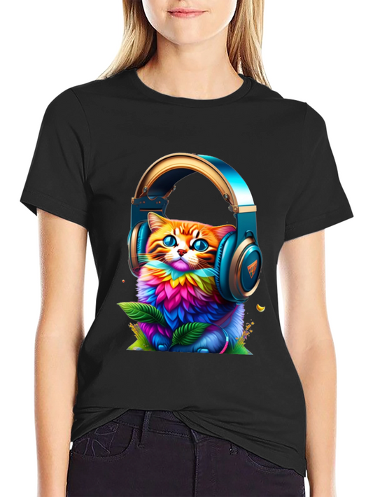 Vibrant Cat in Headphones Graphic Tee