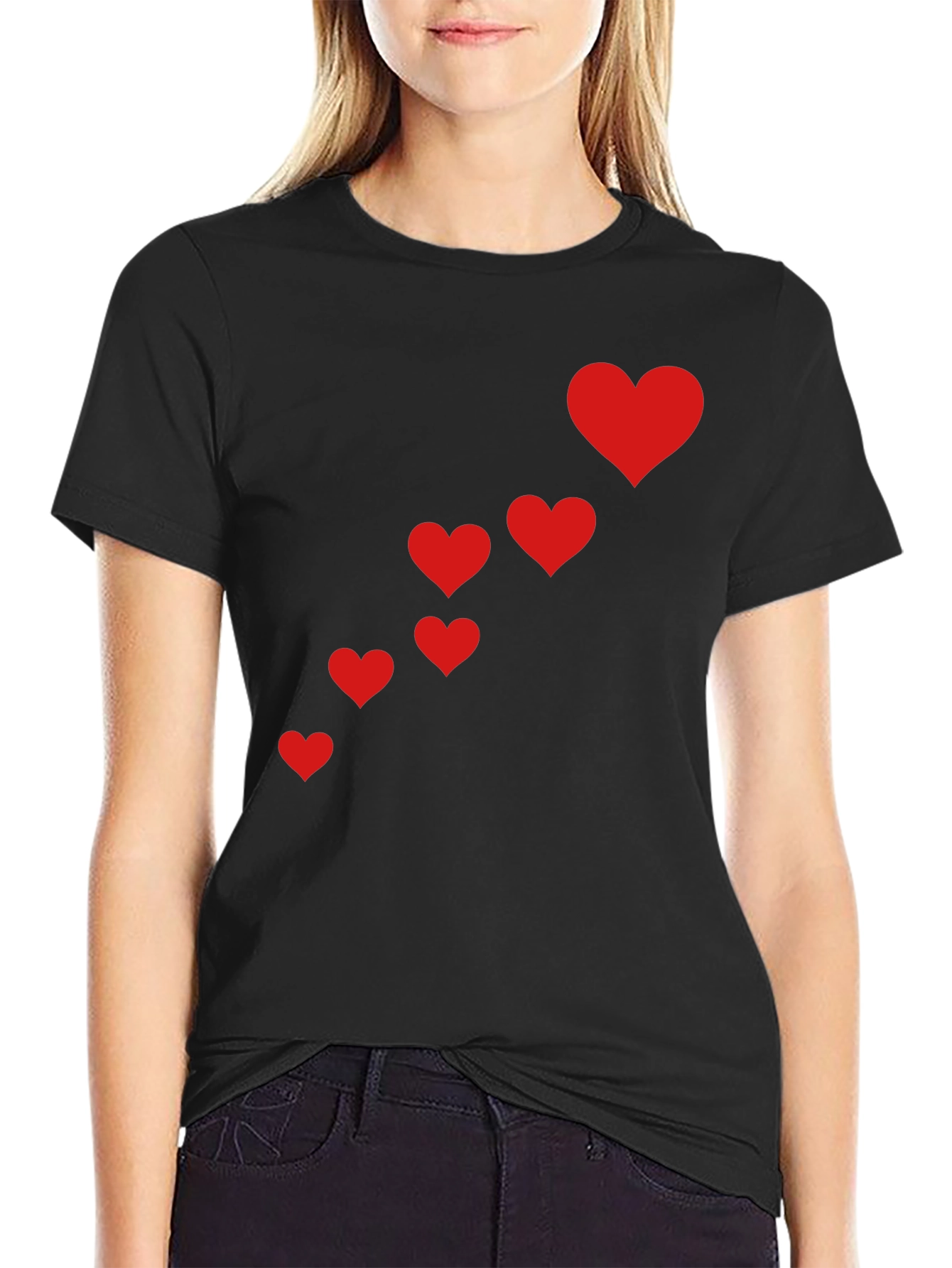 Black T-Shirt with Red Heart Cascade Design