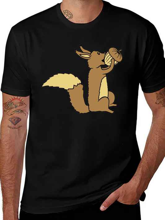 Squirrel Eating Acorn Graphic Tee - Black Cotton T-Shirt
