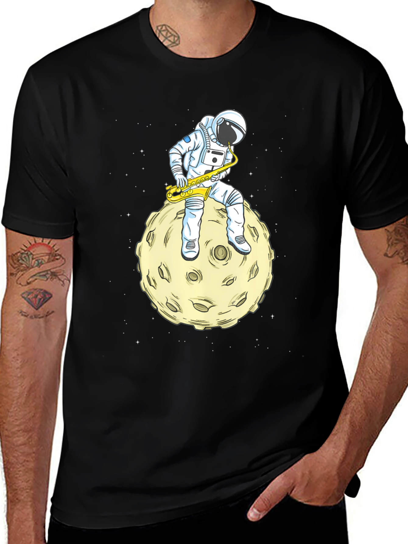 Astronaut Sax Moon Black T-Shirt