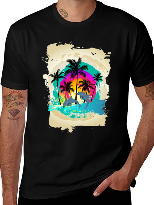 Tropical Dolphin Palm Tree Graphic Tee