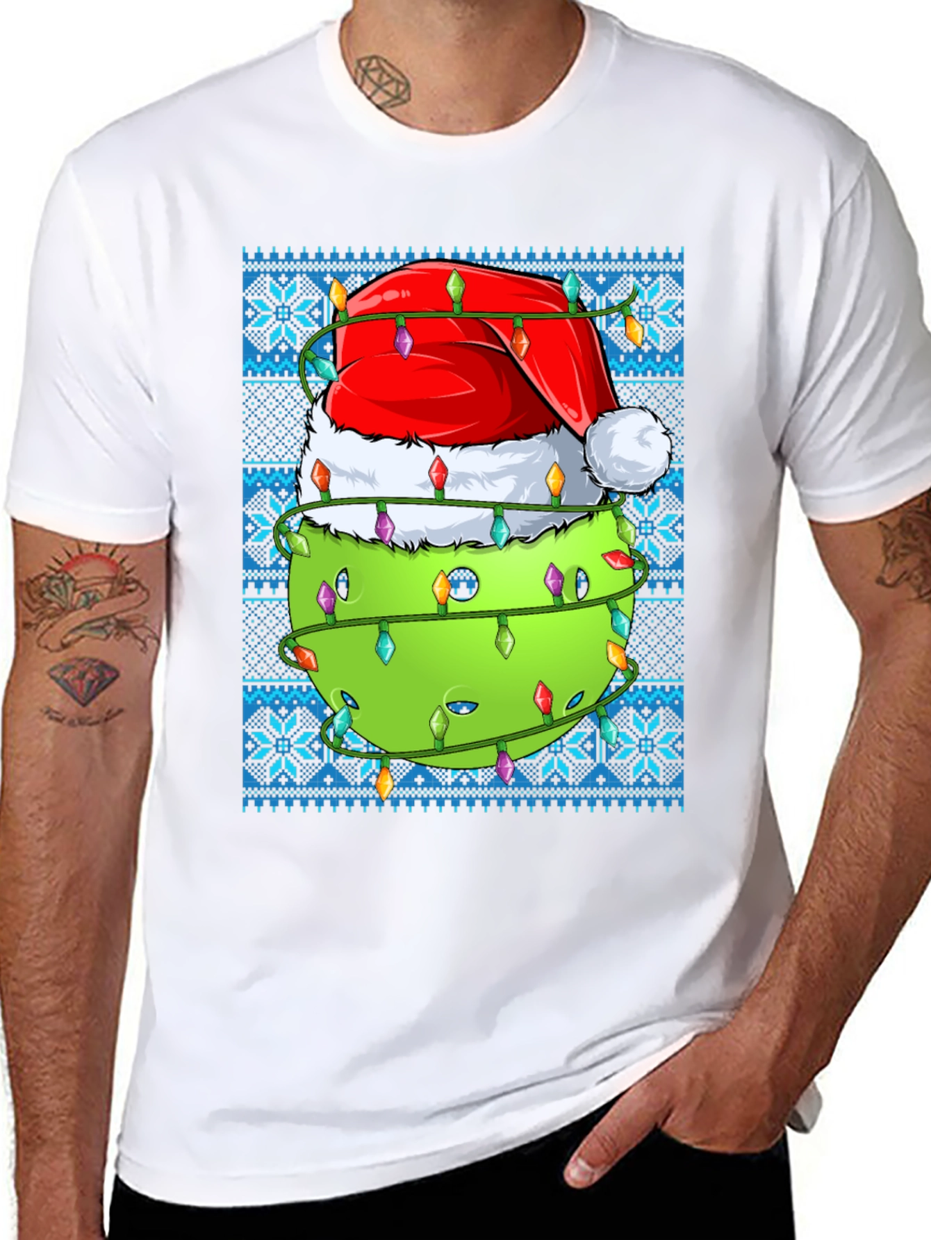 Pickleball Christmas T-Shirt - Santa Hat & Lights