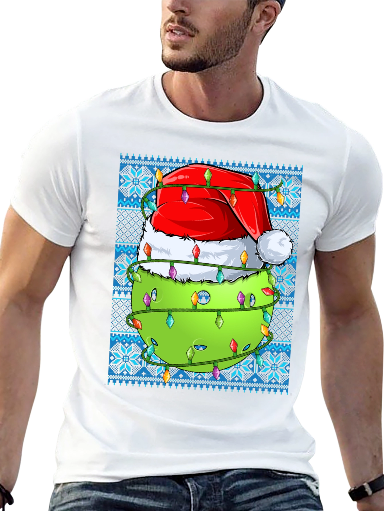 Pickleball Christmas T-Shirt - Santa Hat & Lights