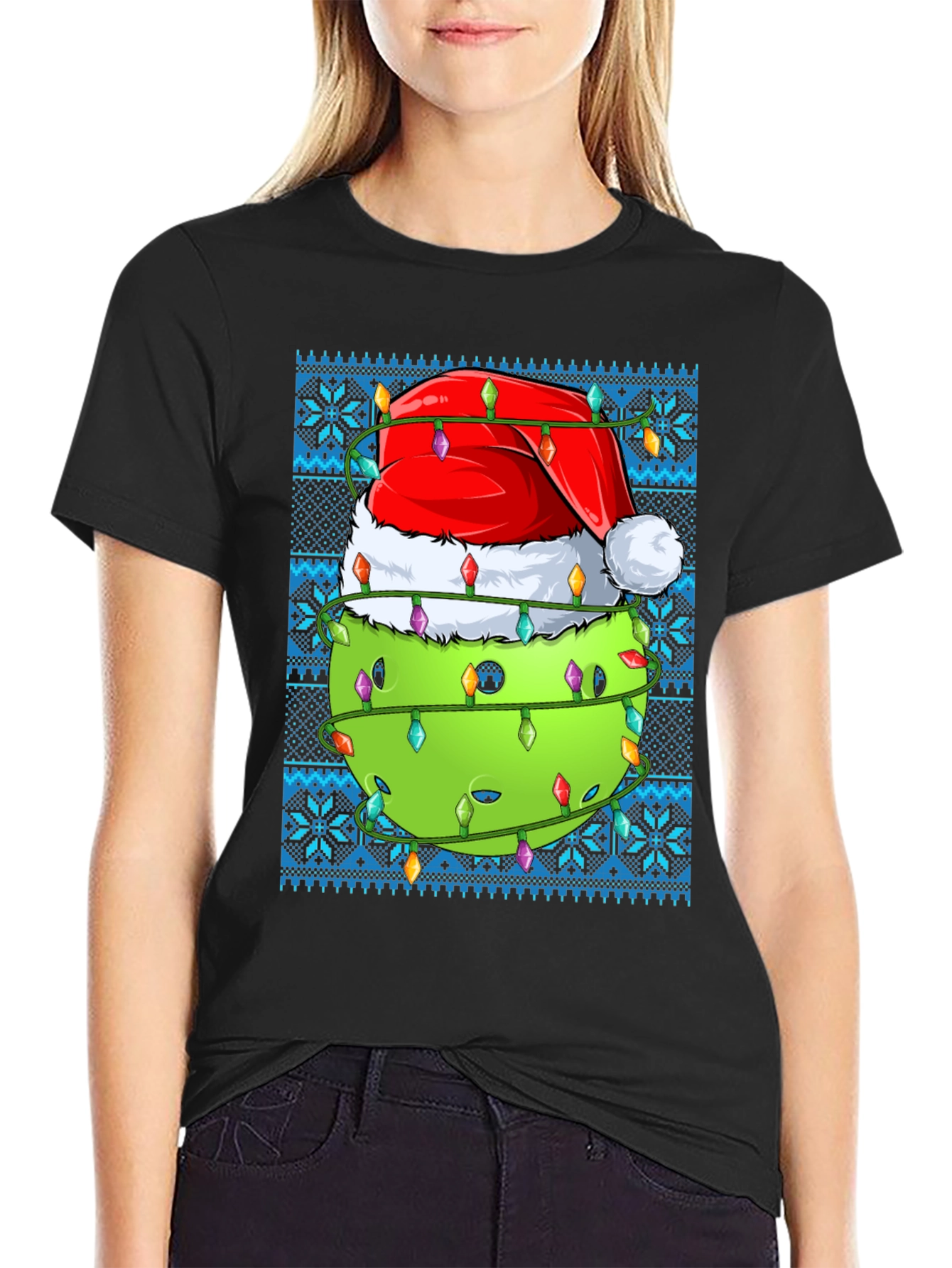 Pickleball Christmas T-Shirt - Santa Hat & Lights