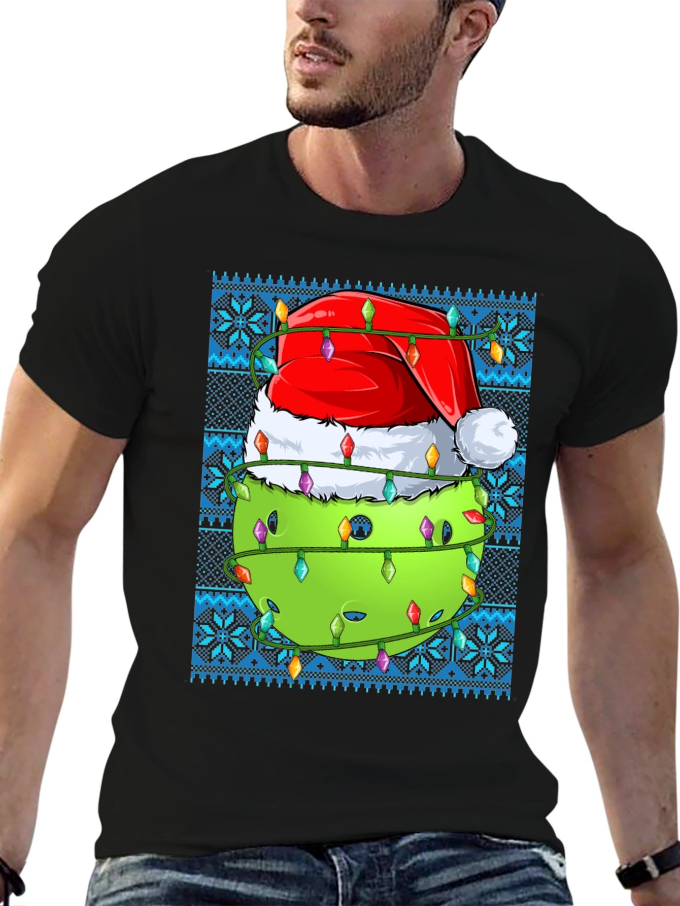 Pickleball Christmas T-Shirt - Santa Hat & Lights
