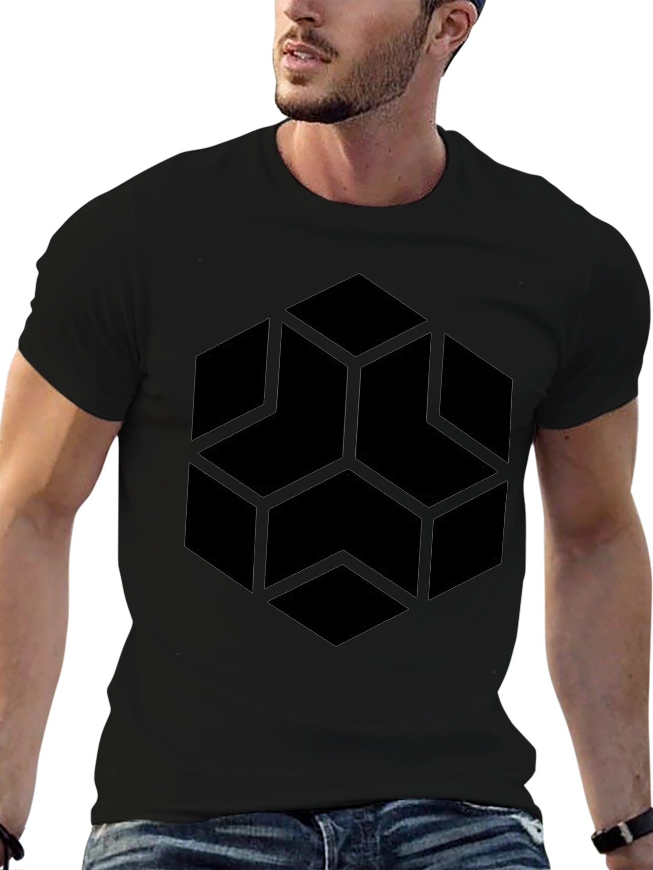 Geometric Hexagon Graphic Black T-Shirt