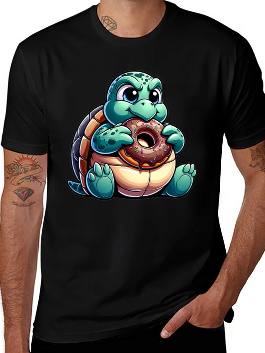 Turtle Eating Donut Graphic Tee - Fun Cartoon Shirt