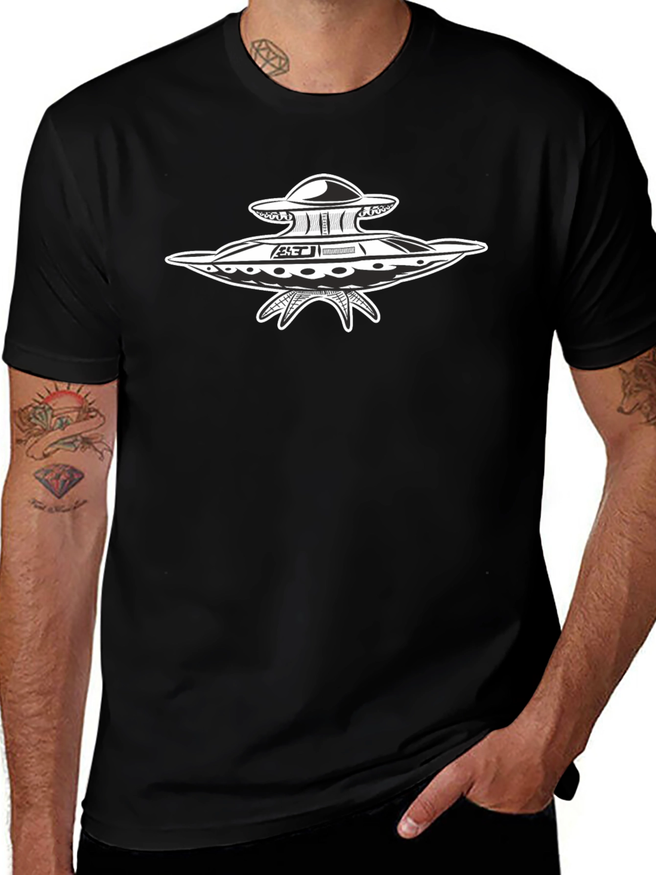 UFO Graphic Print Black T-Shirt
