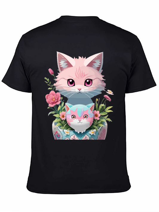 Cute Cats & Floral Print Black T-Shirt