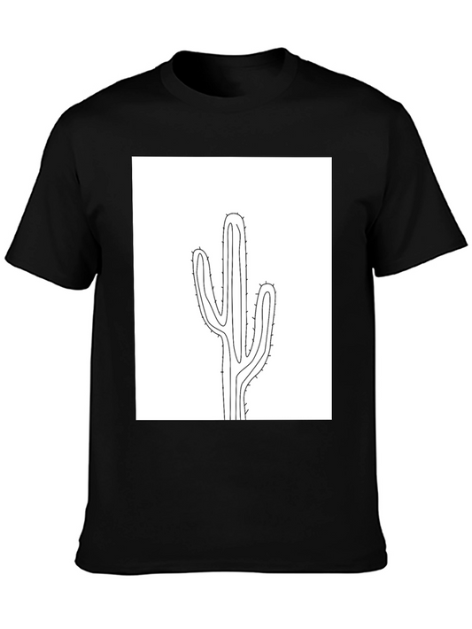 Minimalist Cactus Graphic Tee - Black Cotton Casual Shirt