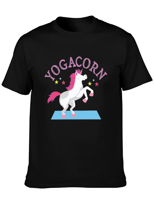 Yogacorn Black T-Shirt Unicorn Doing Yoga