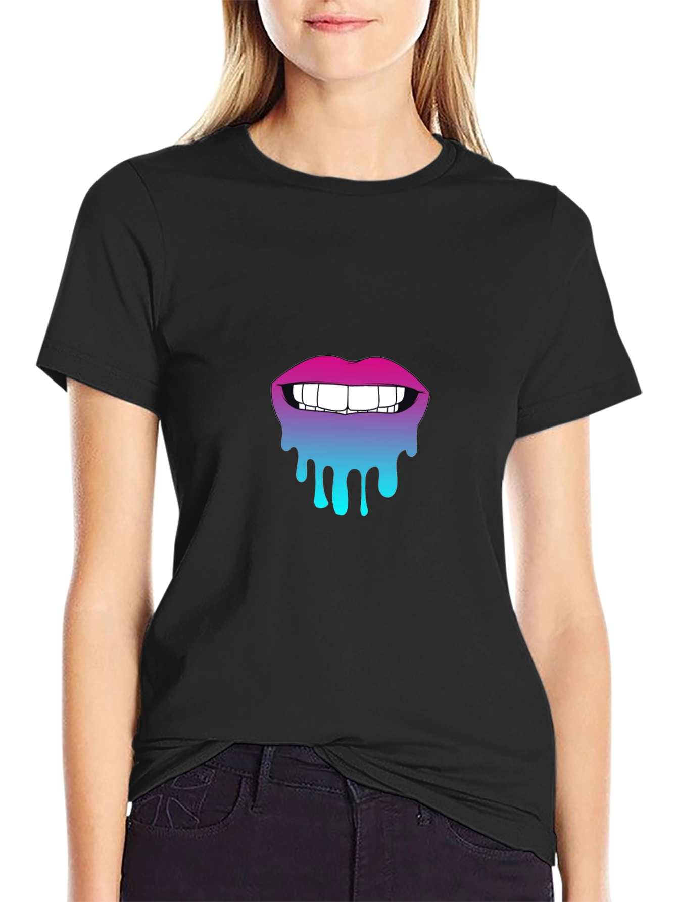 Dripping Lips Graphic Tee - Stylish Black Cotton T-Shirt