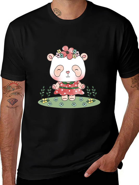 Cute Panda Bear Graphic Tee - Black Casual T-Shirt