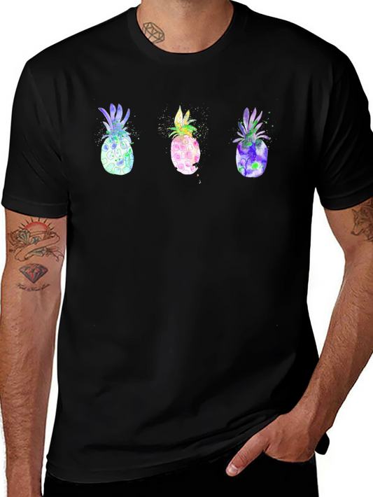 Watercolor Pineapple Print Black T-Shirt