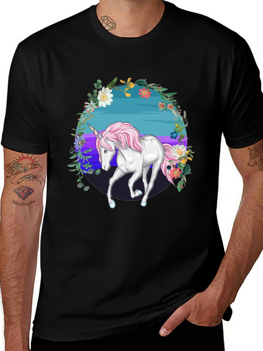 Unicorn Floral Graphic Tee - Black Cotton Blend