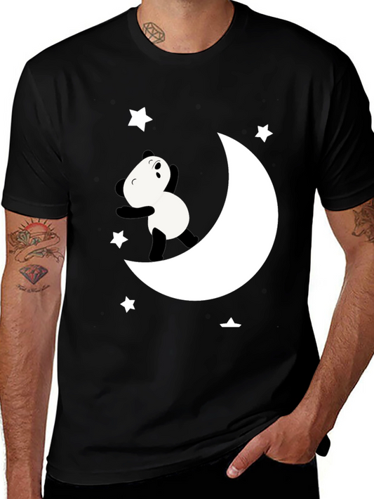 Panda Moon Star Graphic Tee - Soft Black Cotton