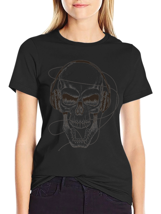 Skull & Headphones Graphic Tee - Black Cotton T-Shirt