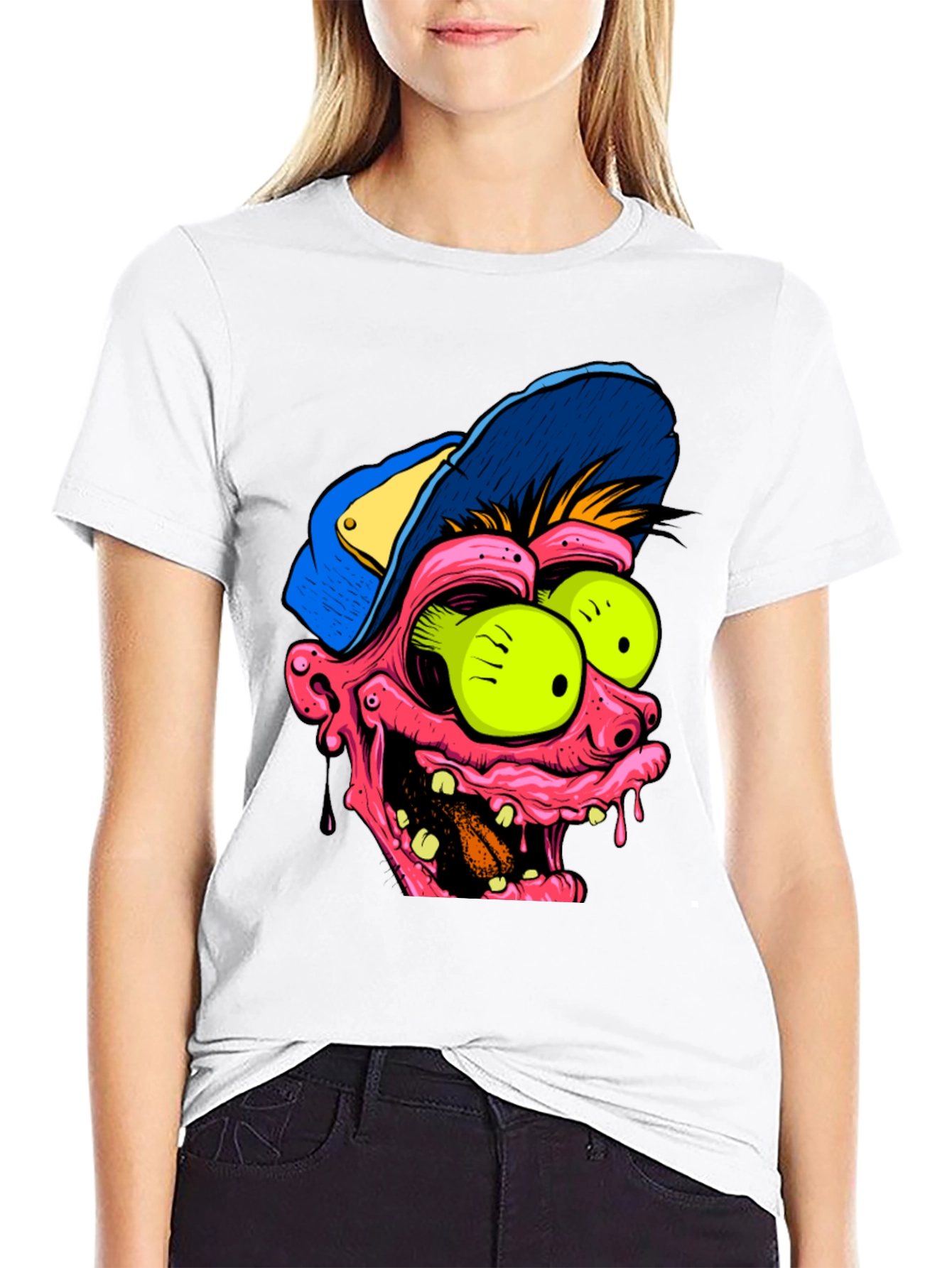 Cartoon Monster Face Graphic Black T-Shirt