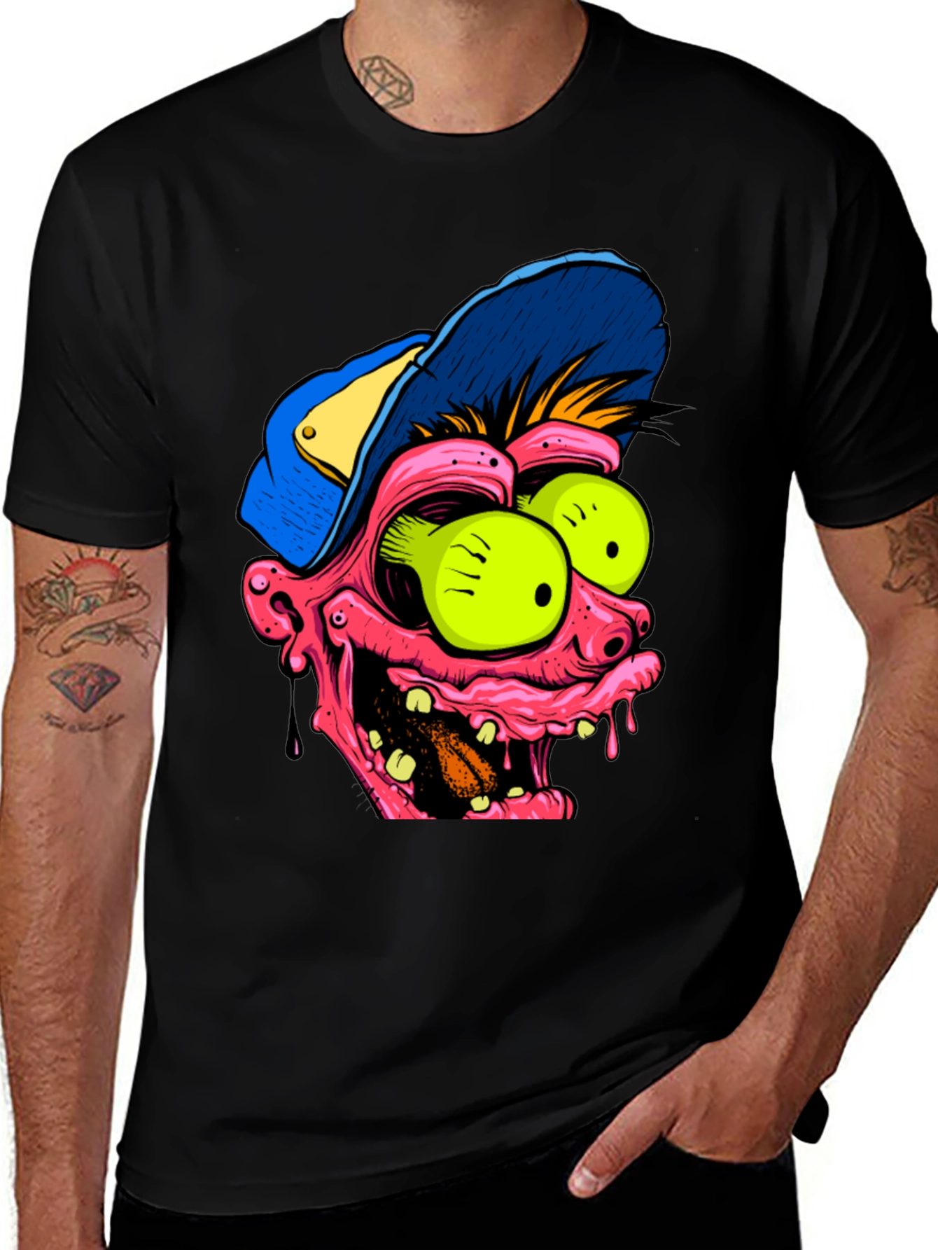 Cartoon Monster Face Graphic Black T-Shirt